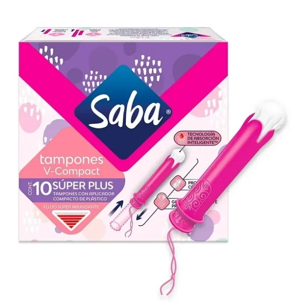 Tampones Saba V-Compact súper plus con aplicador flujo súper abundante 10 pzas