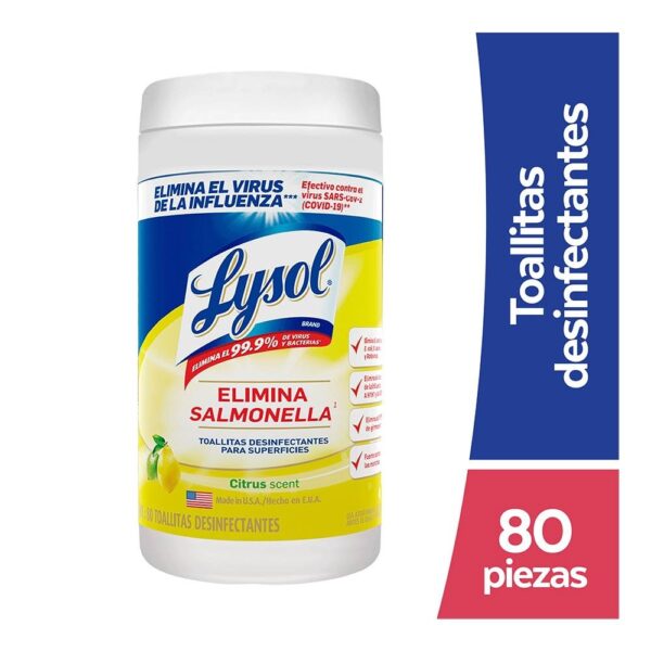 Toallitas desinfectantes Lysol para superficies citrus 80 pzas