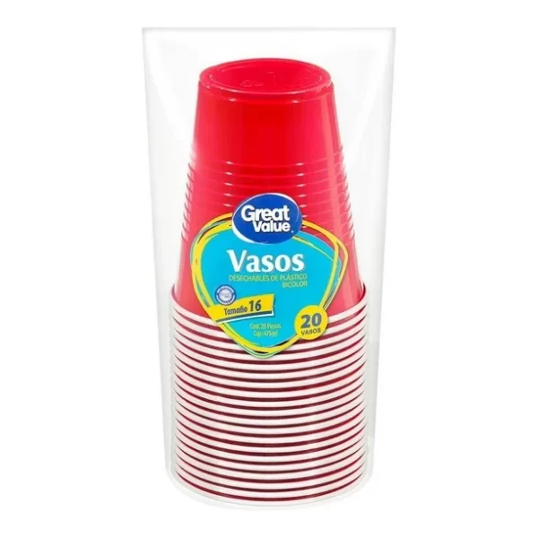 Vasos desechables Great Value de plástico bicolor capacidad 475 ml 20 pzas