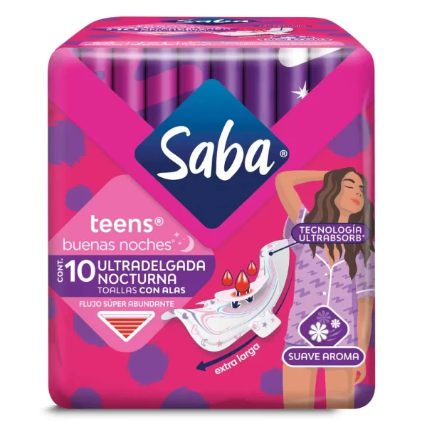 Toallas Femeninas con Alas Saba Teens Nocturna C/10 pzas