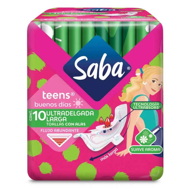 Toallas Femeninas con Alas Saba Teens Larga con 10 Piezas
